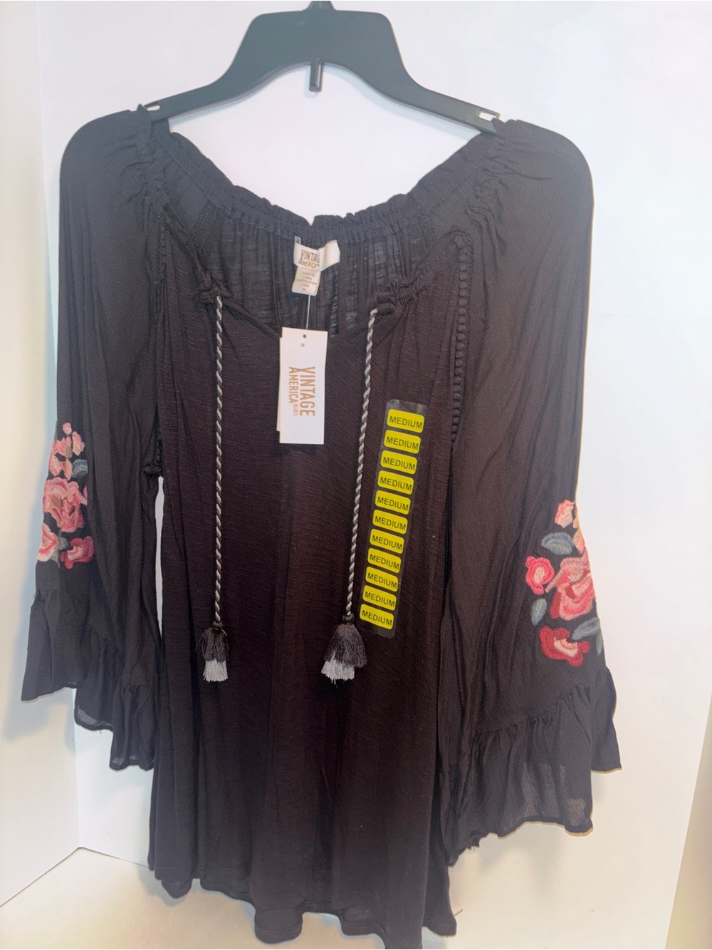 American Vintage Women's Black Peasant Blouse with Pink Floral Embroidery NWT